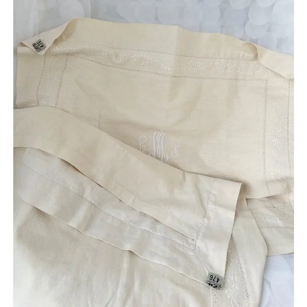Vintage Pottery Barn Linen Cotton Pillow Shams Ecru Beige embroidered monogram